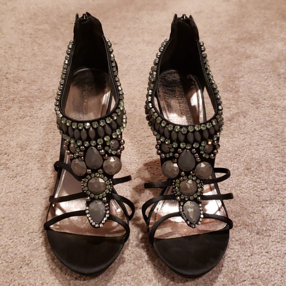 Black Satin Strappy Studded Stilettos